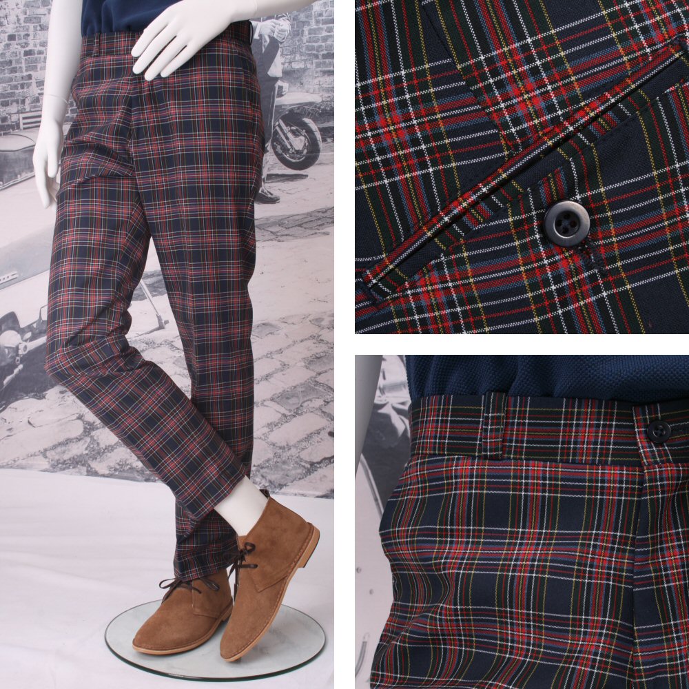 Relco Mod 60s Retro Sta Press Tartan Check Trousers Navy Adaptor 3366